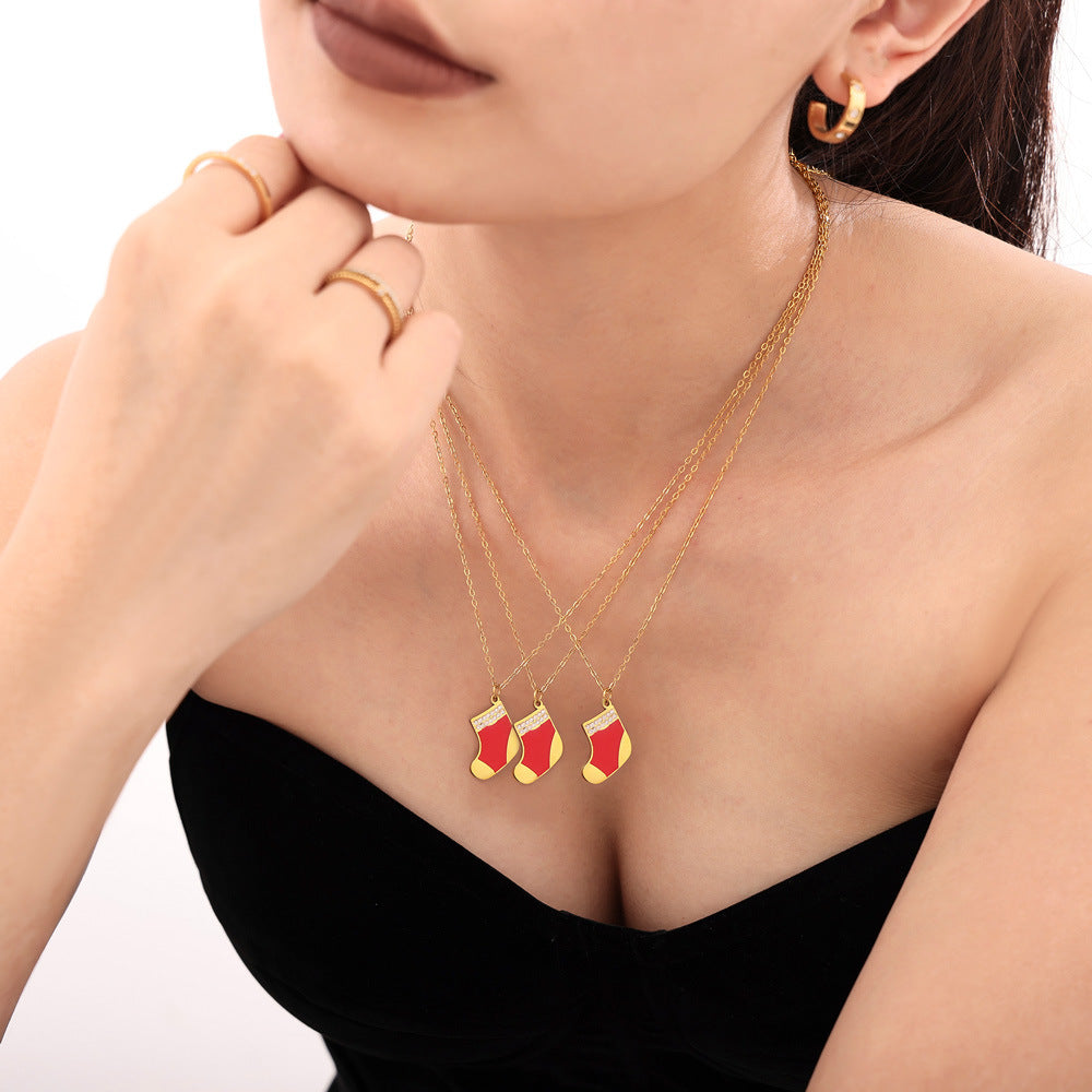 Wholesale Christmas gift red socks oil drop zircon pendant necklace